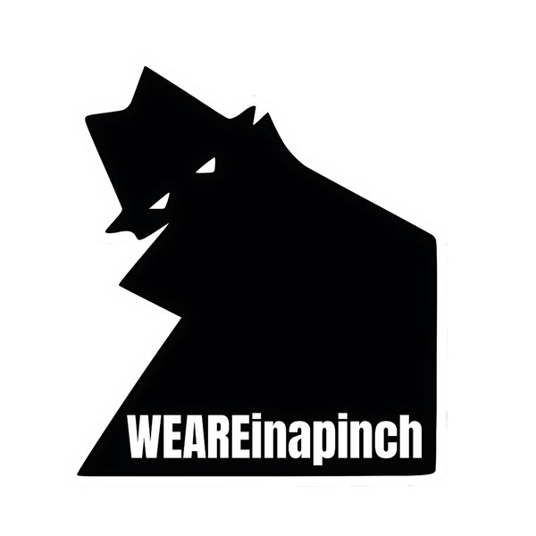 "WEAREinapinch logo with black bandit silhouette in trench coat and fedora, outlined in white, with brand name in bold white text."