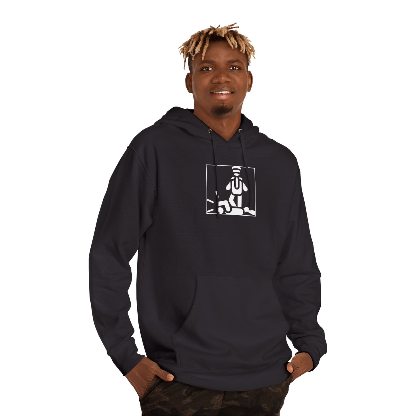 black dude wearing a black johny law hoodie over a white background