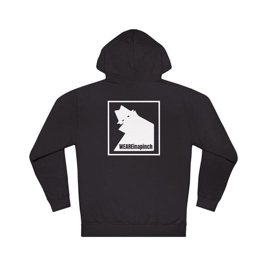 black johny law pullover hoodie with white johny law graphic over a white background