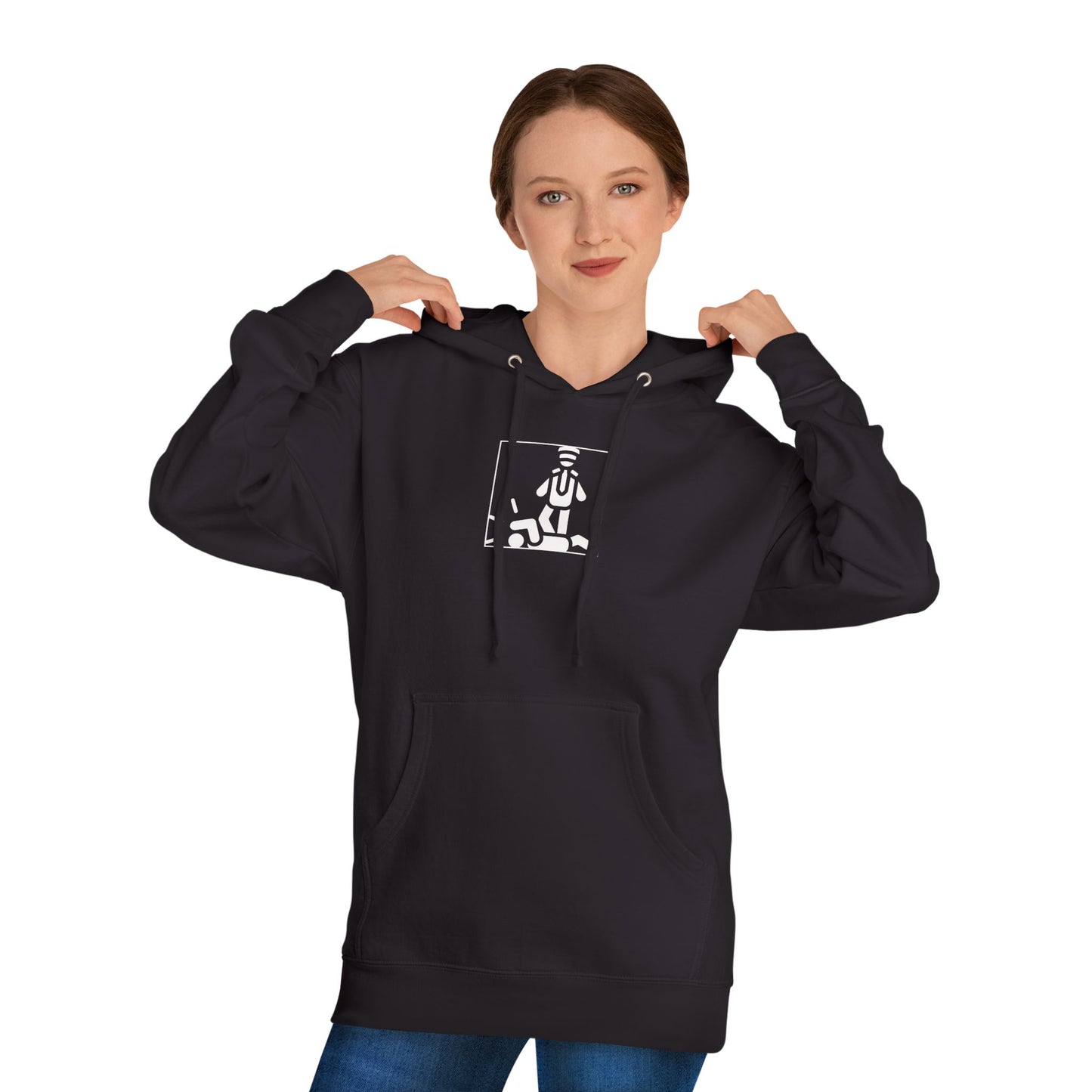 whitegirl wearing a black johny law hoodie with white johny law graphic